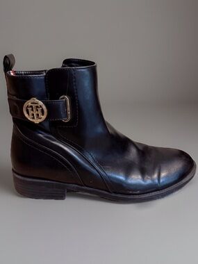Black Leather Ankle Boots with Gold Emblem